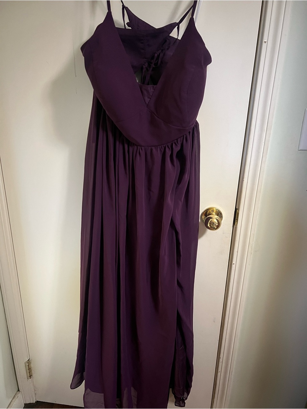 Azazie Aaida in colour Grape Lace-Up Spaghetti-Strap Maxi Dress